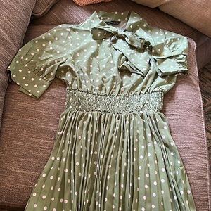 SHEIN sage green with white polka dot pleated dress.